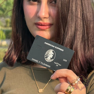 Matte-black American Express–design Solaris metal card, front — blacked-out stainless steel
