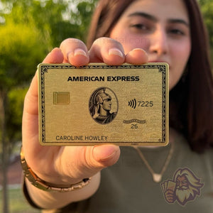 Gold American Express–design Solaris metal card, front — engraved stainless steel