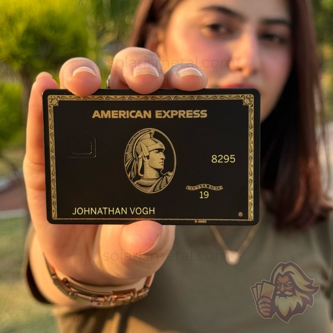 Black and gold American Express–design Solaris metal card, front view