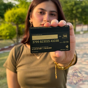 Black and gold American Express–design Solaris metal card, back view