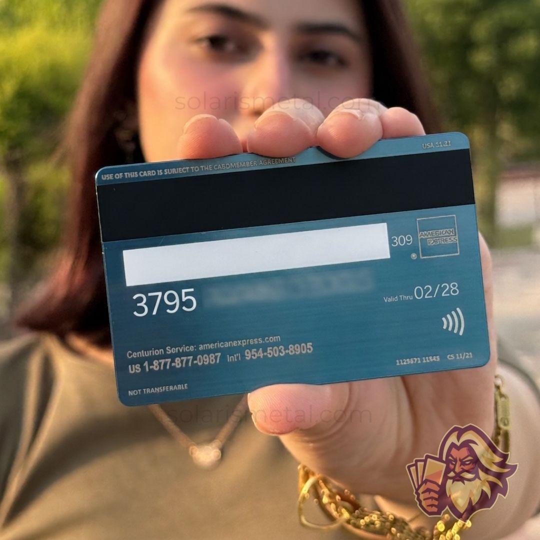 Blue American Express–design Solaris metal card, back view