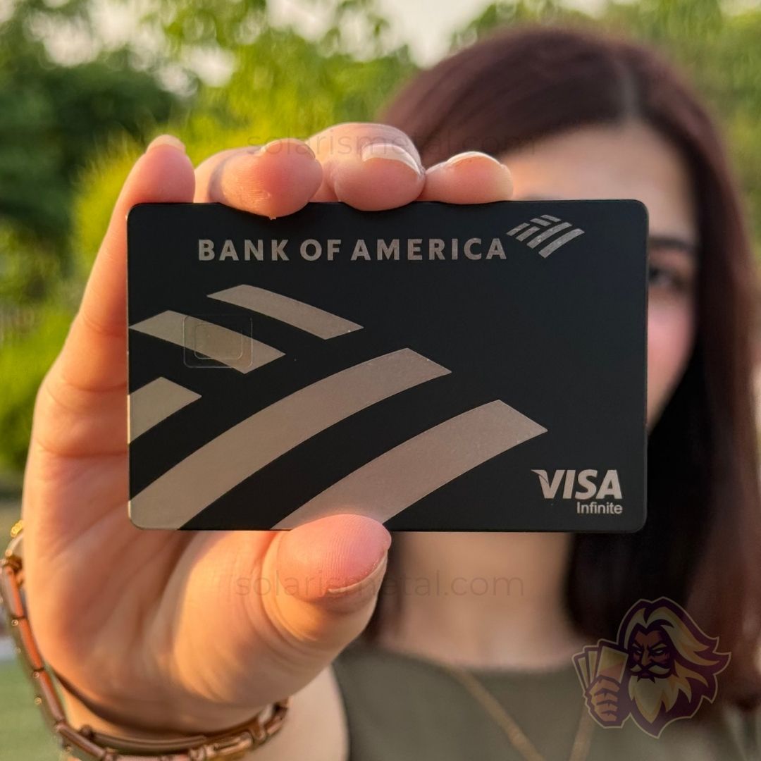 Solaris metal card inspired by the Bank of America card, front view