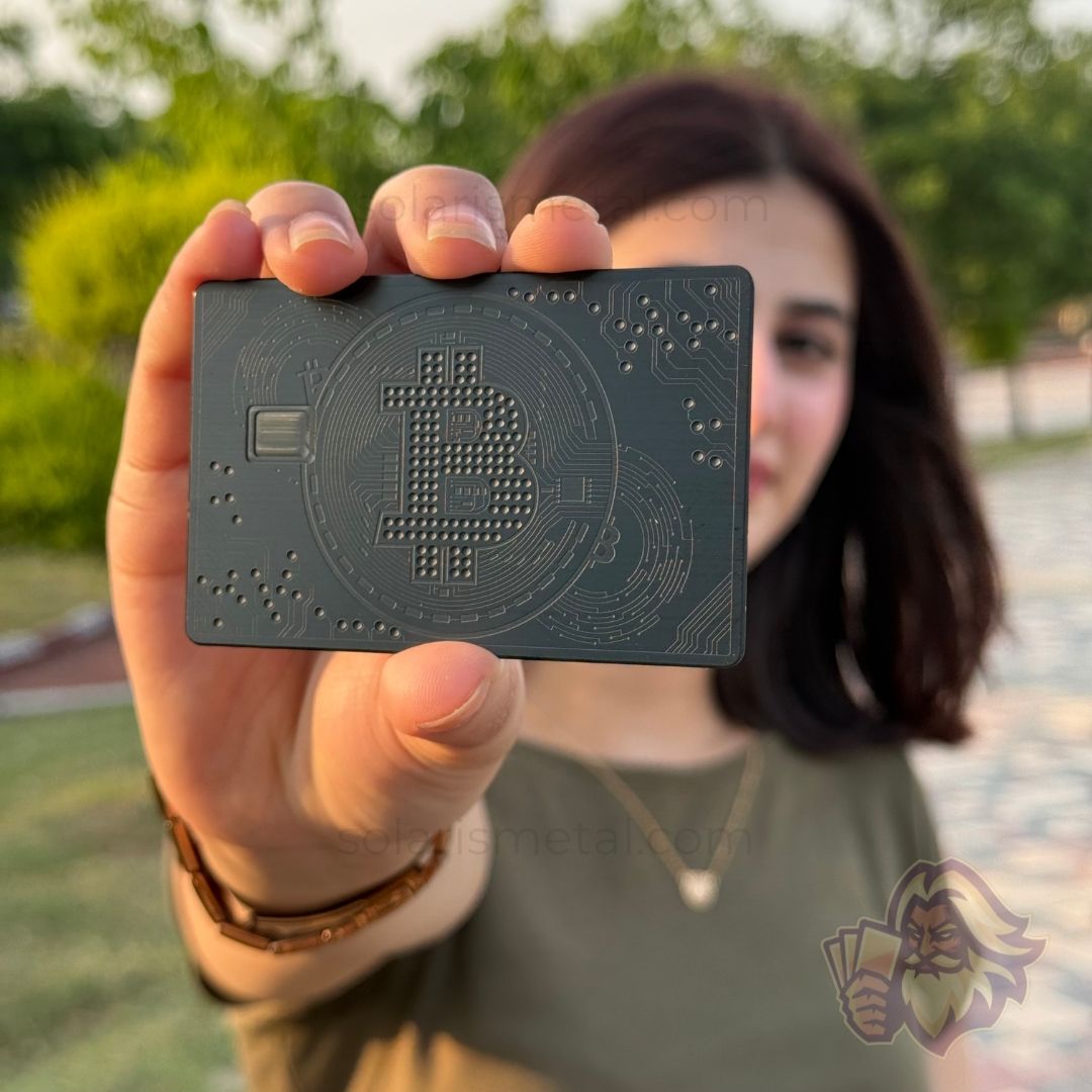 Bitcoin matte-black Solaris metal card, front view