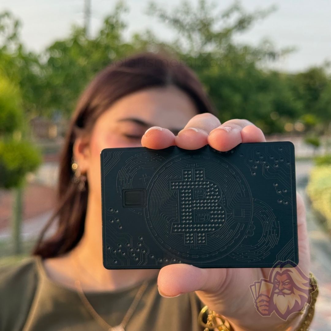 Bitcoin matte-black Solaris metal card, front view (alternate)