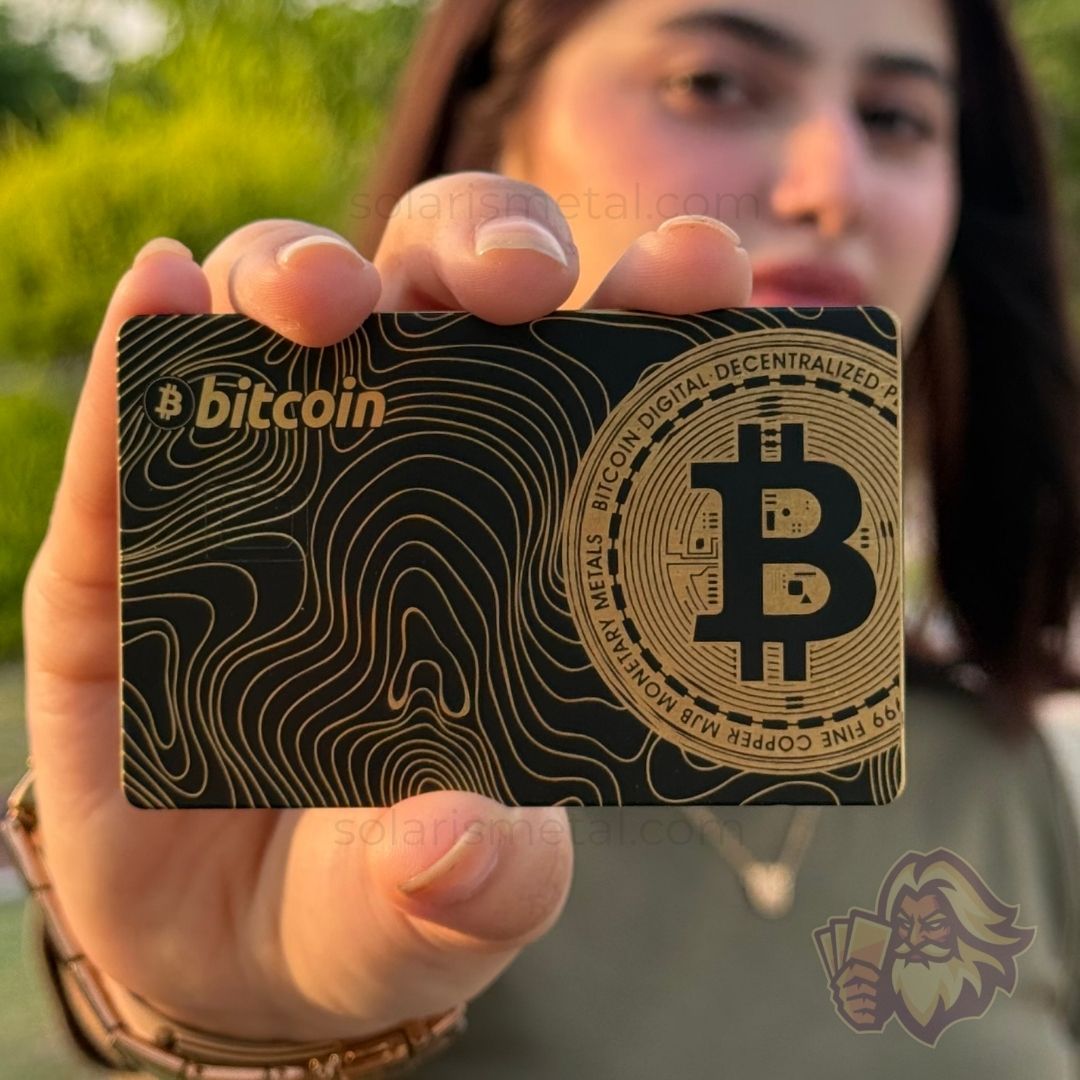 Bitcoin Mastercard-style Solaris metal card, front view (alternate)