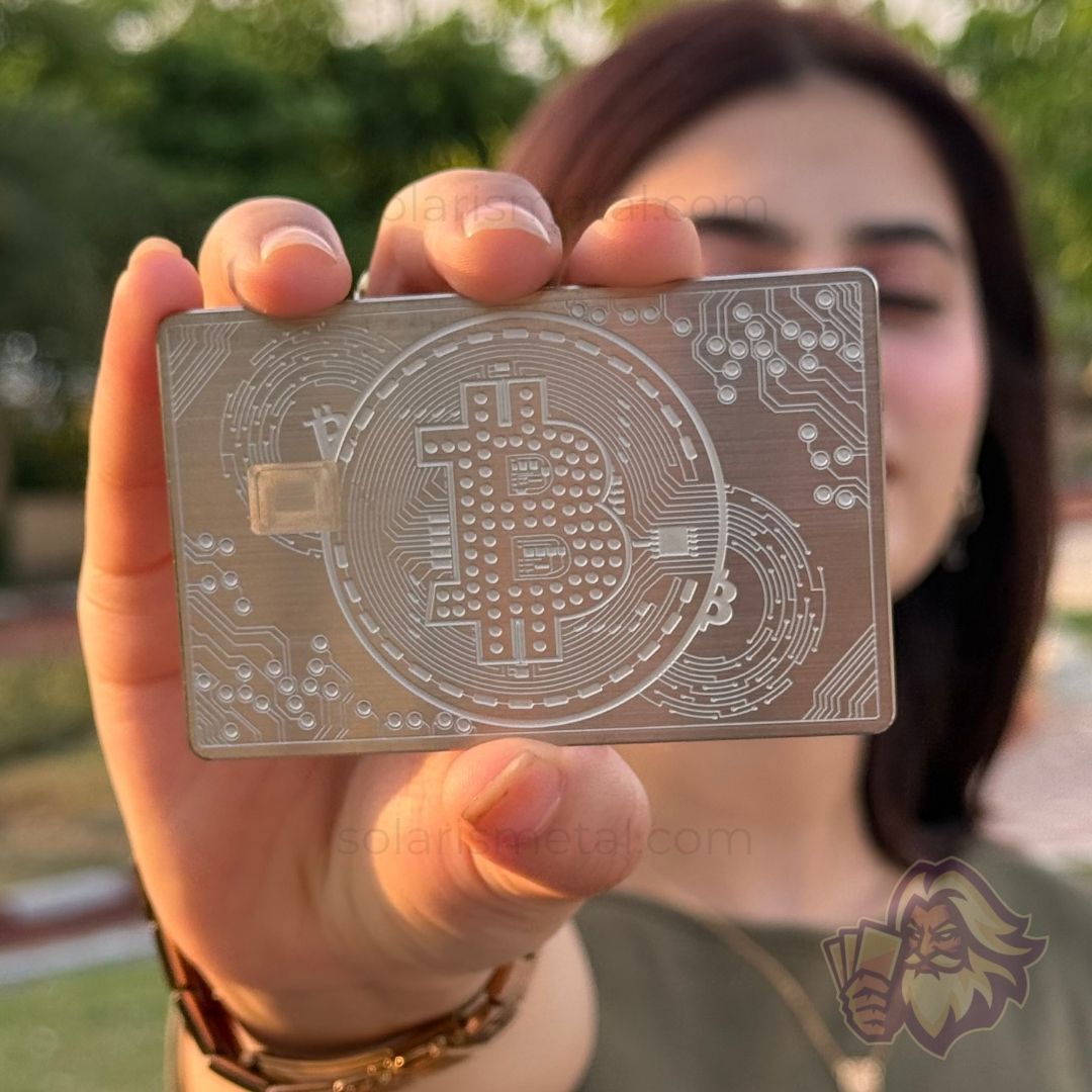 Bitcoin silver Solaris metal card, front view
