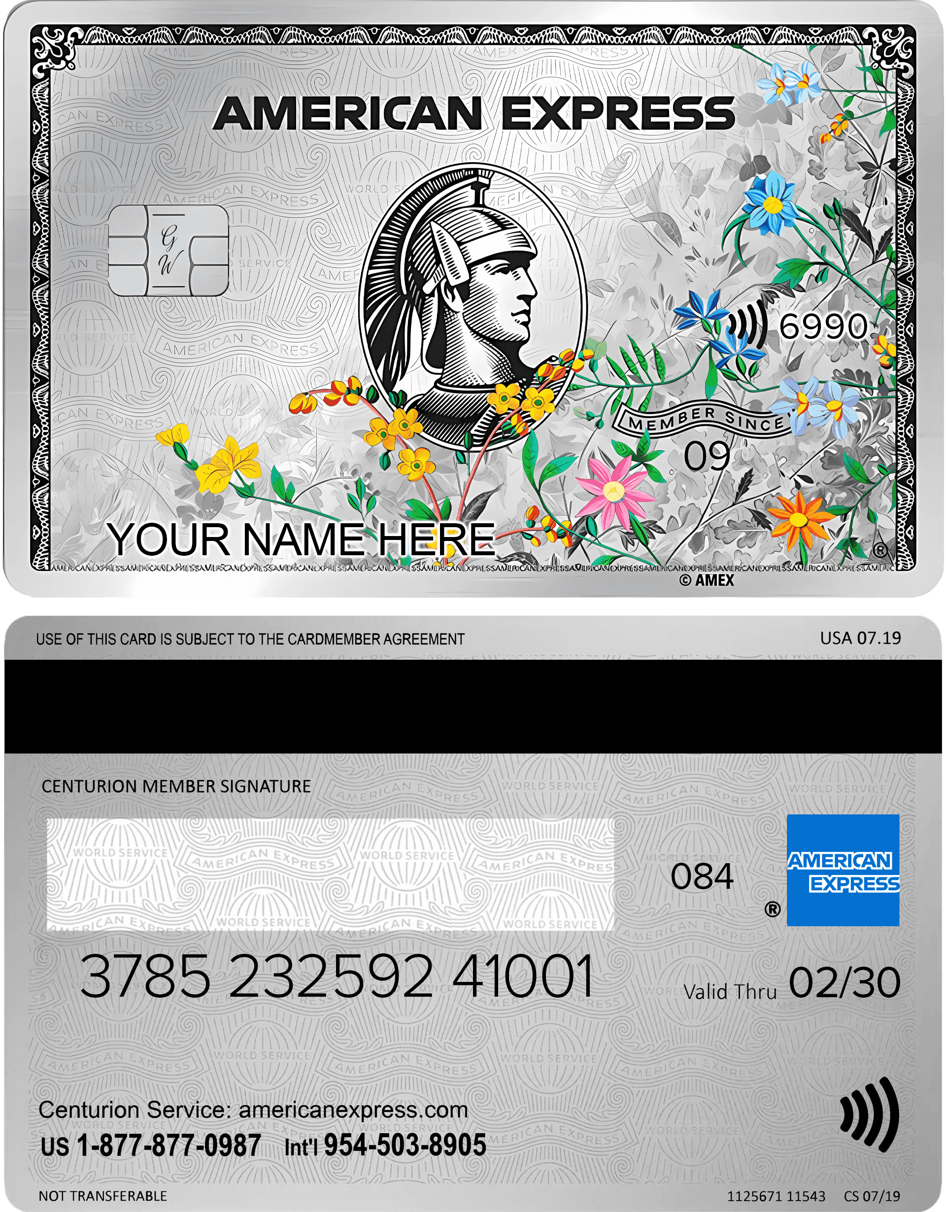 High-end platinum AMX card with stylish and luxurious floral engraving