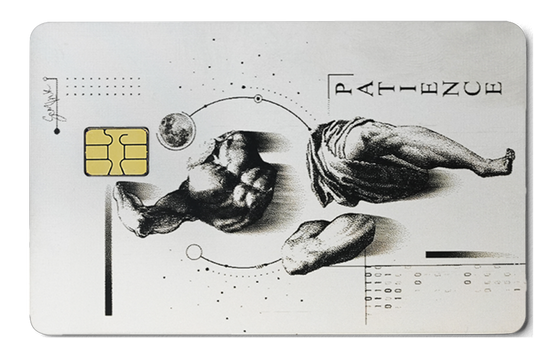 Overpowered Atlas metal card by Gold Wraps, stainless steel with patience design