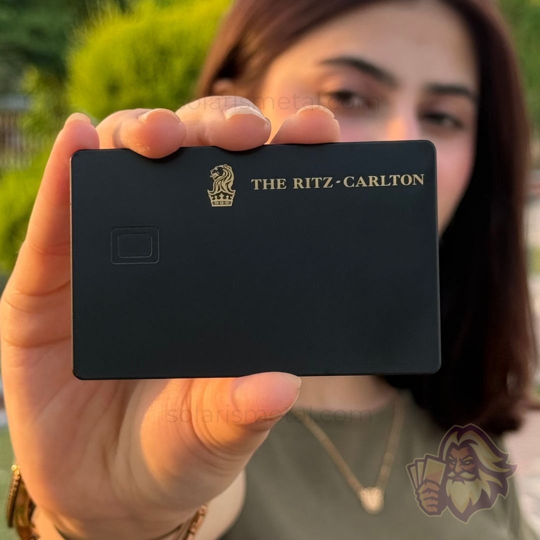 Solaris metal card inspired by the Ritz-Carlton card, front view