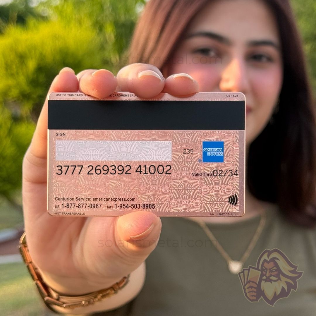 Solaris metal card with an engraved rose design, back view