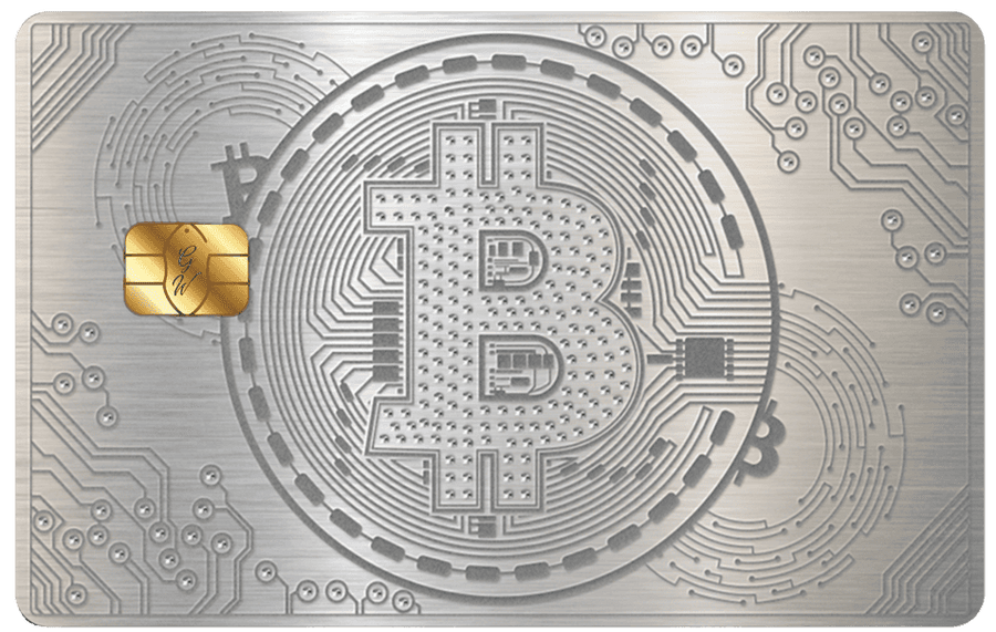 Silver Bitcoin metal card by Gold Wraps, premium silver stainless steel crypto card